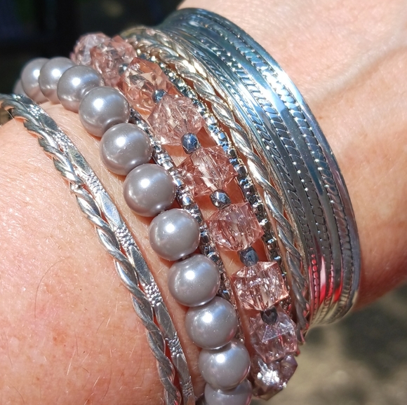 Stack of 8 Silvertone Bracelets - Picture 1 of 5